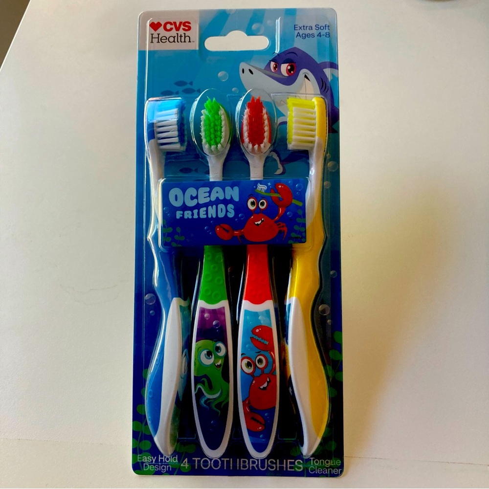 CVS Health Ocean Friends Extra Soft Easy Hold 4 Toothbrushes Ages 4-8 Brand New!